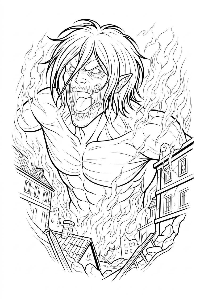 Black linework design: titan above a ruined city.