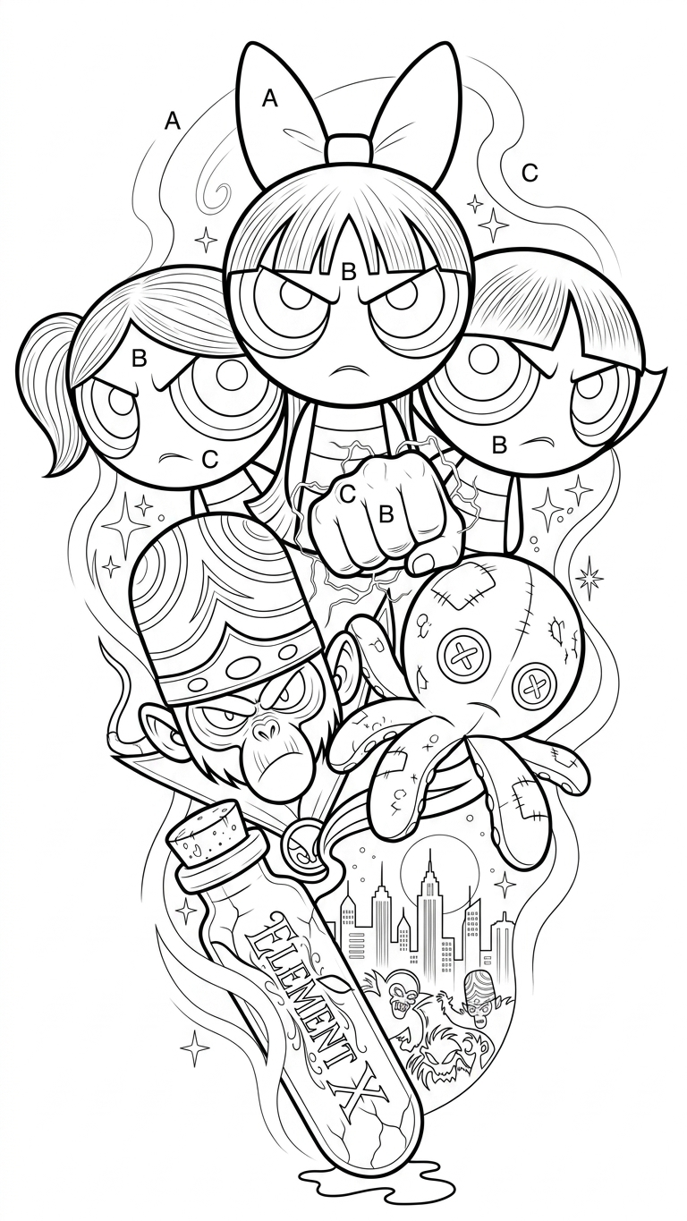 Black linework design: powerpuff girls and villains.