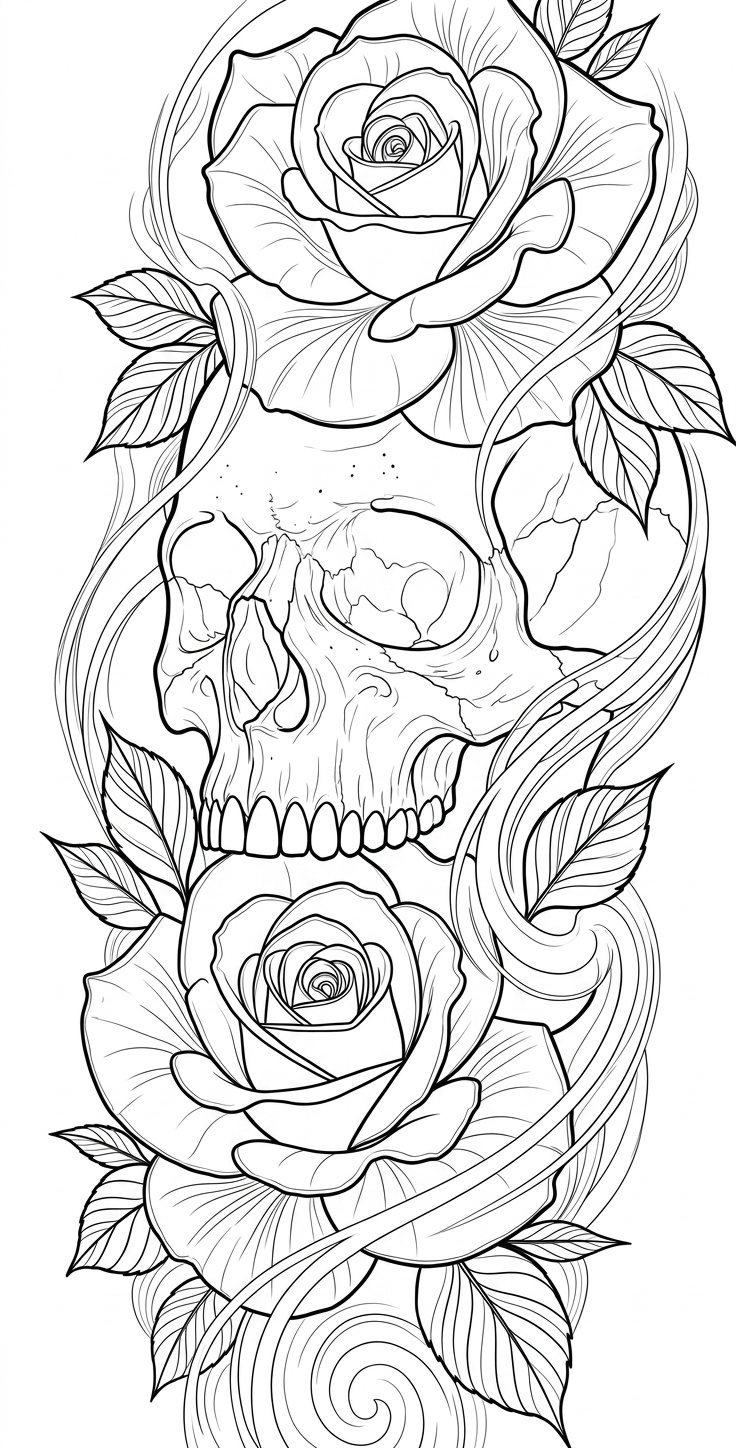 Black linework design: skull between two roses.