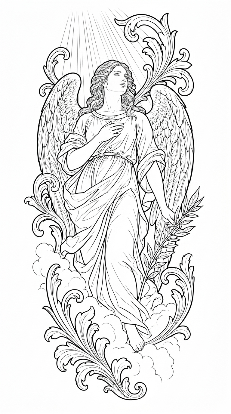 Black linework design: angel among clouds and ornament.