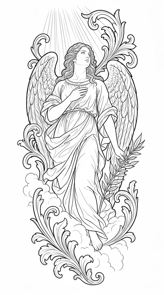 Black linework design: angel among clouds and ornament.