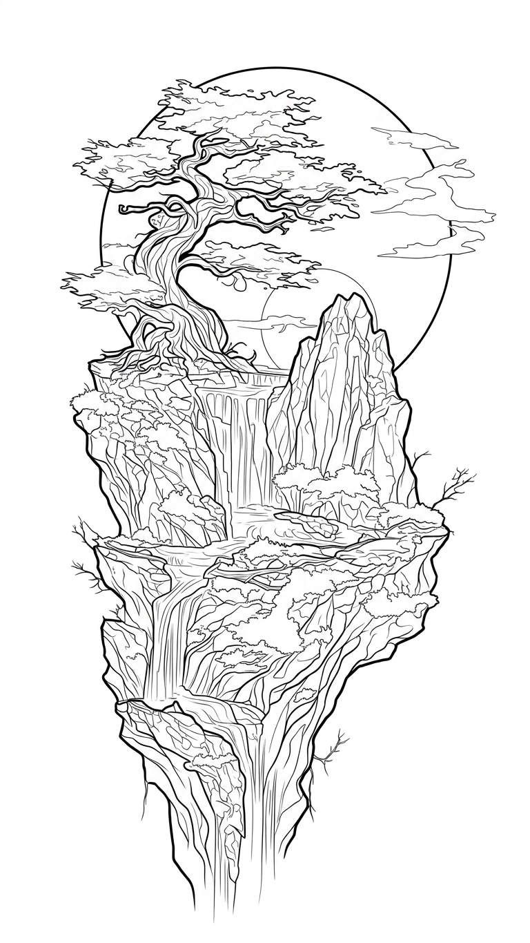 Black linework design: cliffside tree and waterfalls.