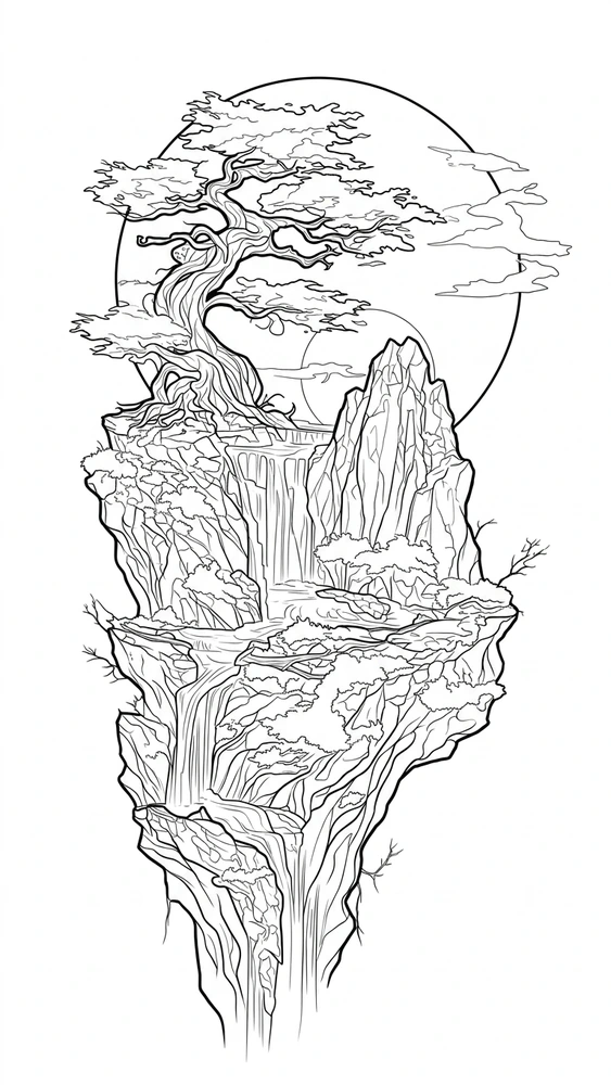 Black linework design: cliffside tree and waterfalls.