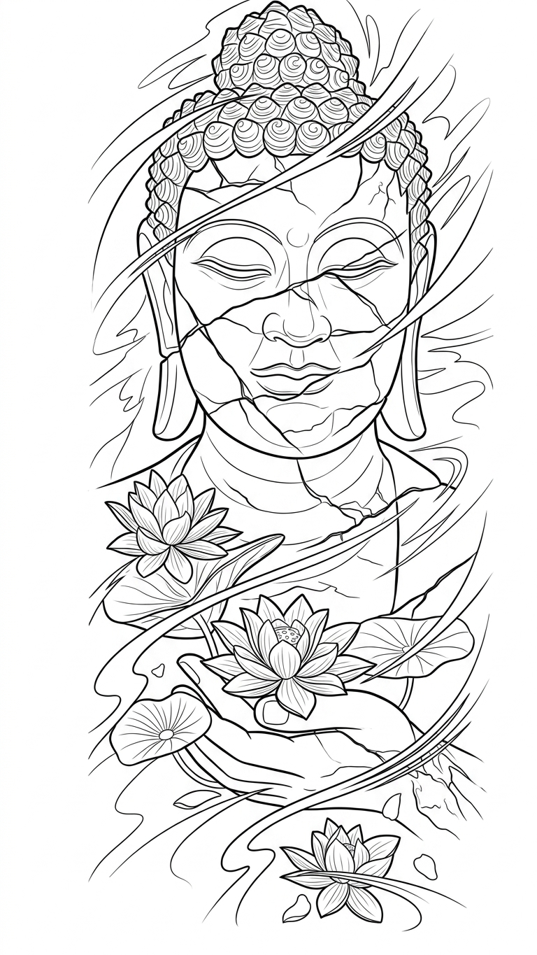 Black linework design: fractured buddha with lotus.