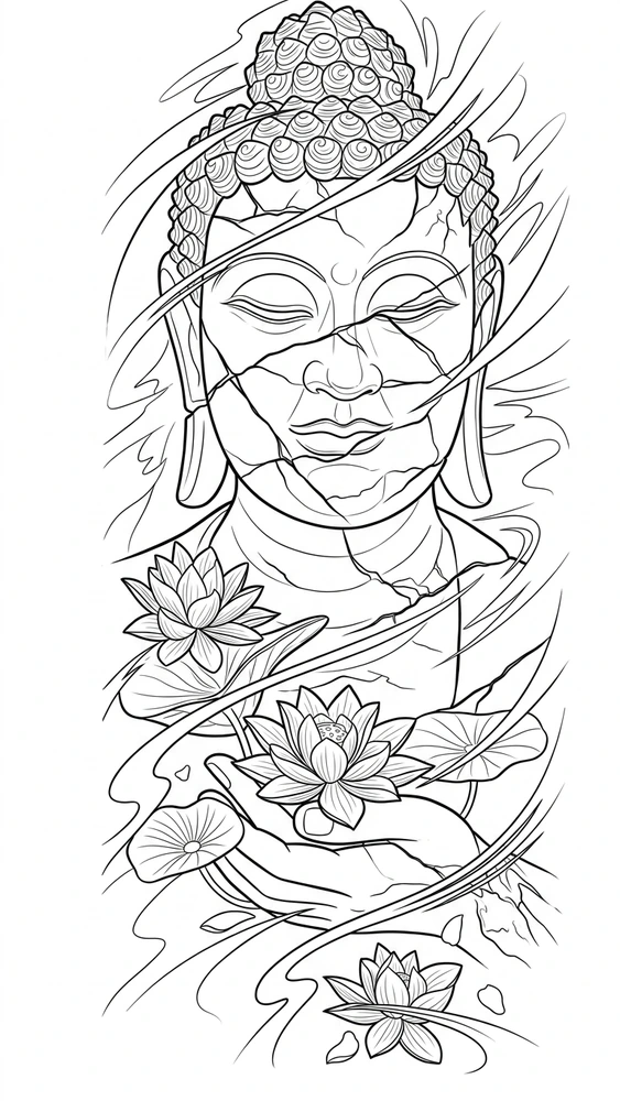 Black linework design: fractured buddha with lotus.