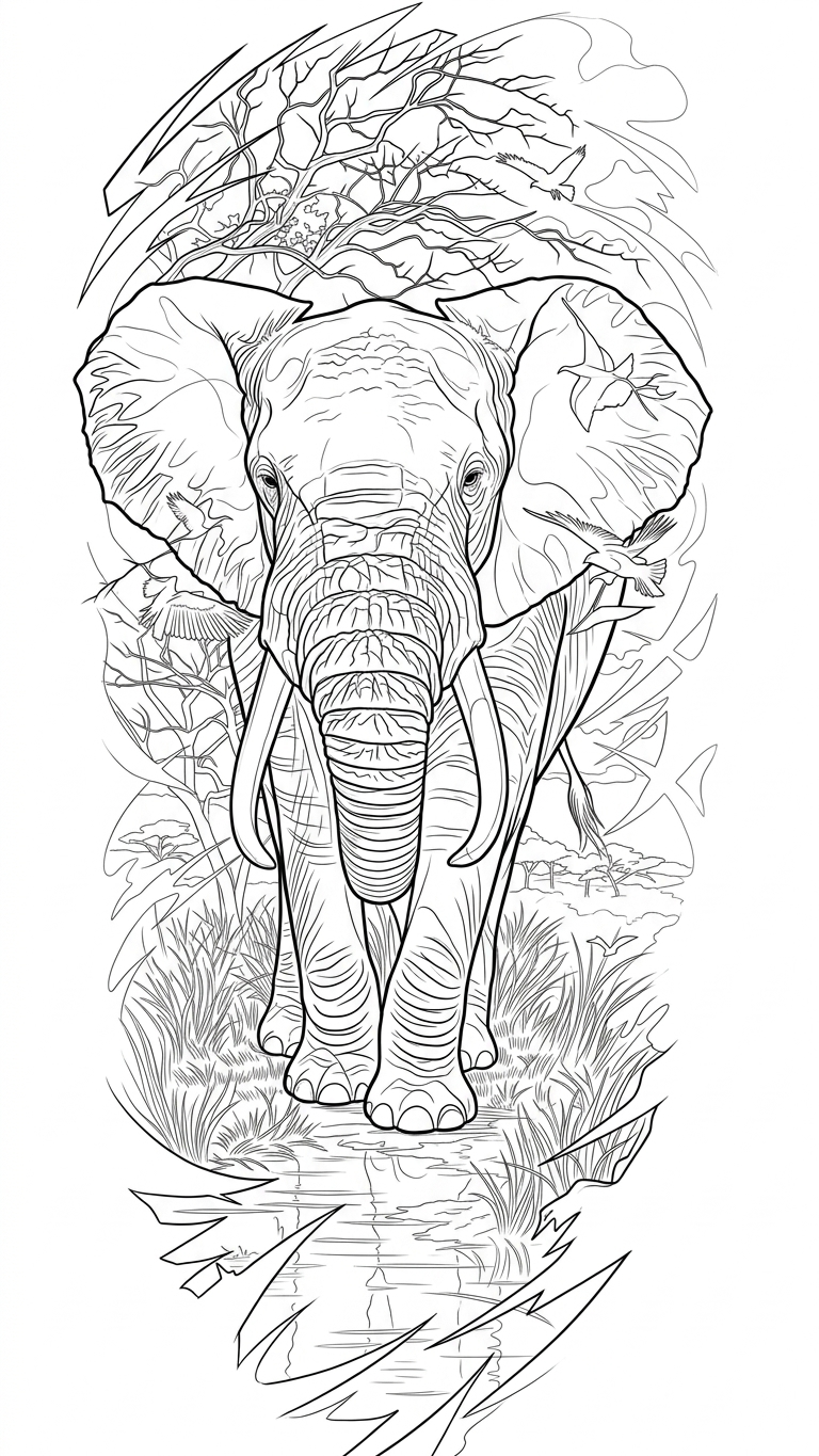 Black linework design: elephant in a woodland landscape.