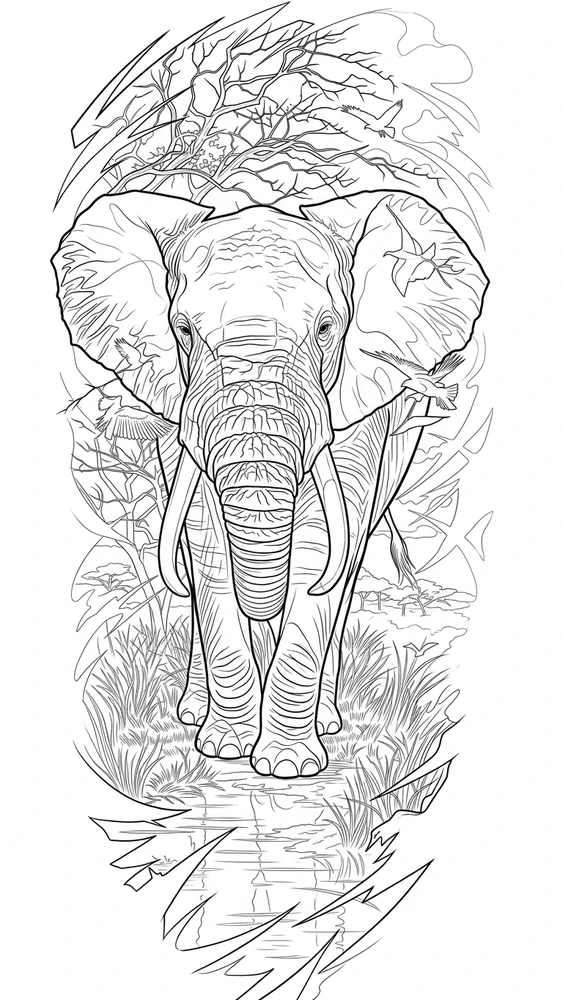 Black linework design: elephant in a woodland landscape.