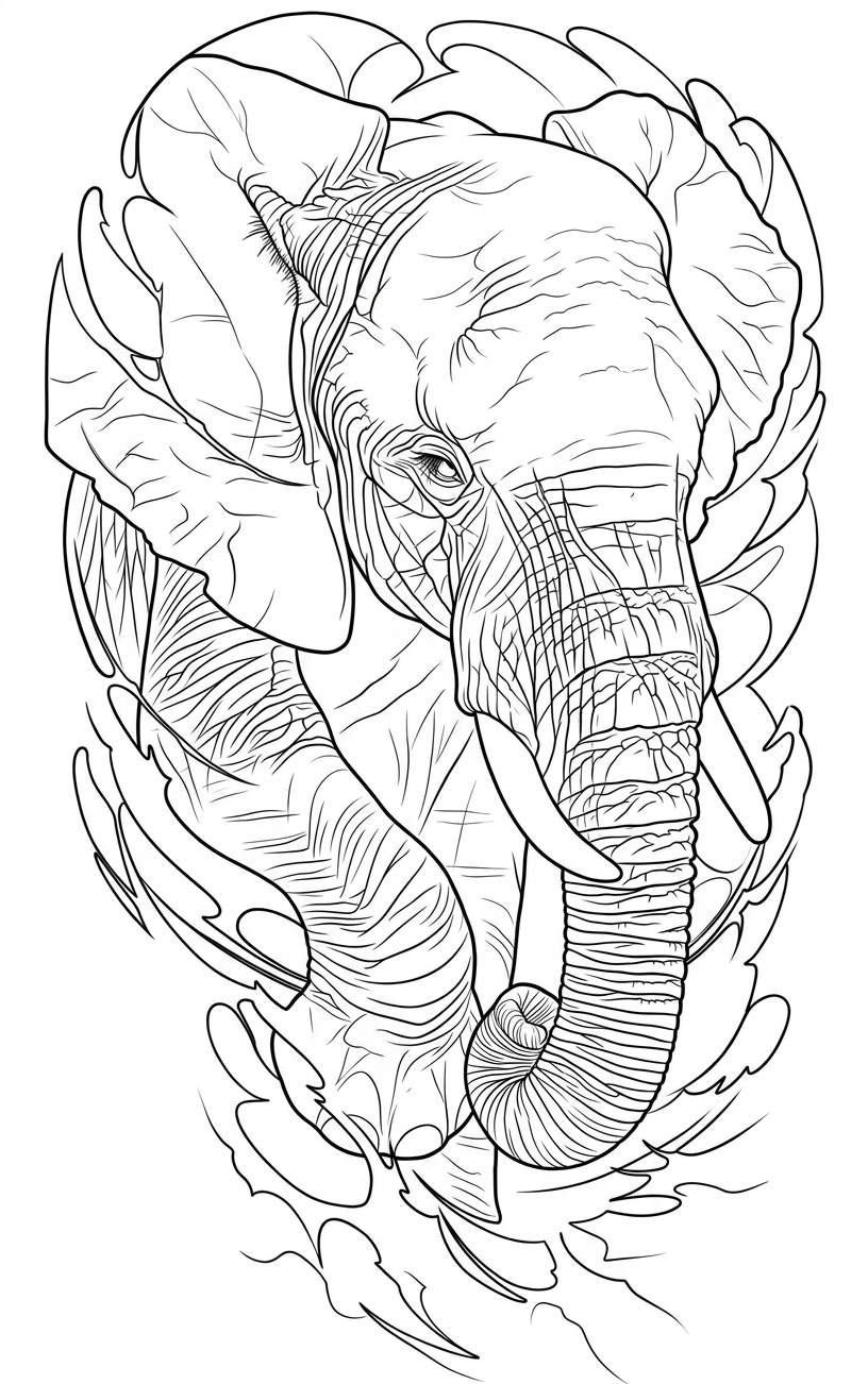 Black linework design: elephant head with flowing ornament.