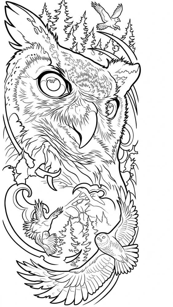 Black linework design: owls and forest in flight.