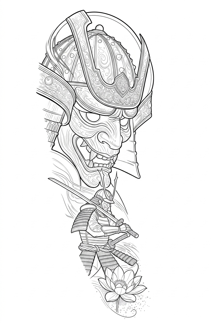 Black linework design: samurai mask above swordsman.