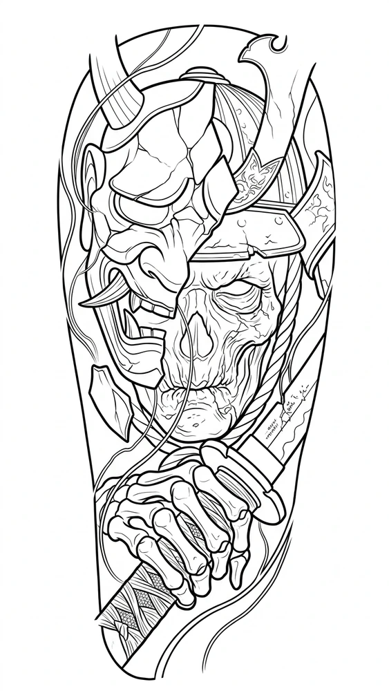 Black linework design: samurai skull beneath broken mask.