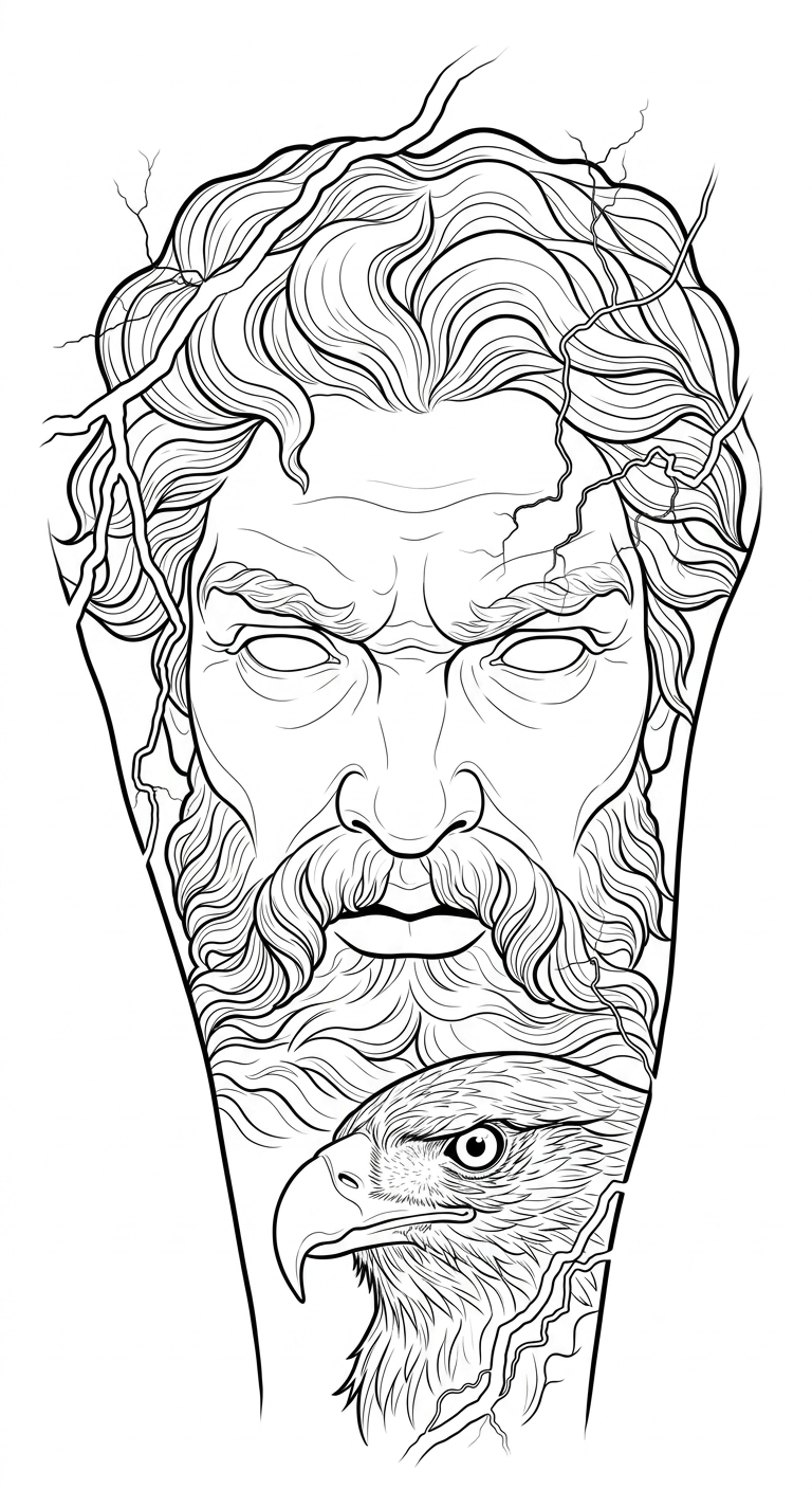 Black linework design: bearded god and eagle.
