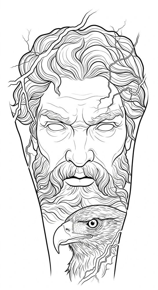 Black linework design: bearded god and eagle.