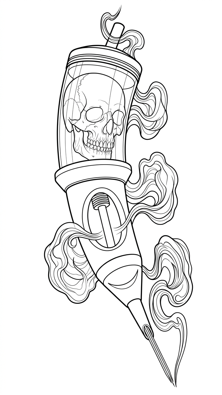 Black linework design: tattoo cartridge with skull and smoke.
