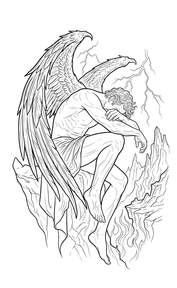 Black linework design: seated winged figure.