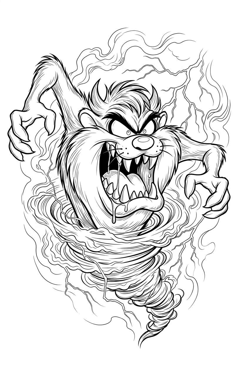Black linework design: tasmanian devil in a whirlwind.