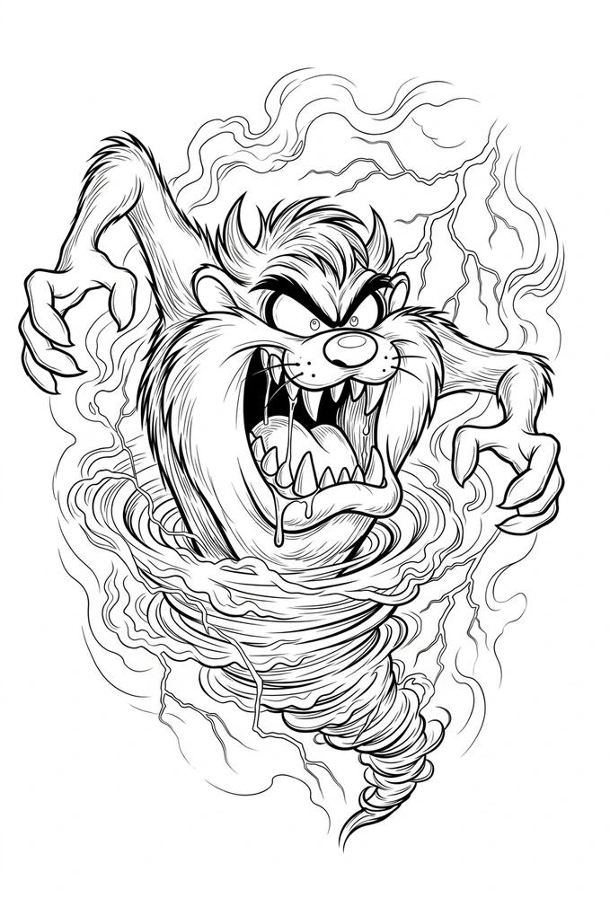 Black linework design: tasmanian devil in a whirlwind.