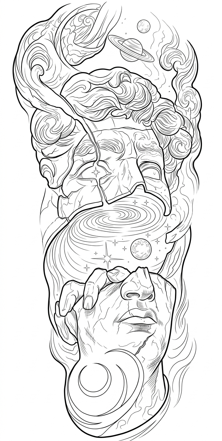 Black linework design: cosmic fractured classical face.