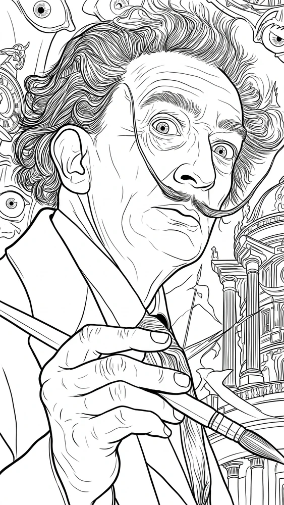 Black linework design: salvador dali with brush and clocks.