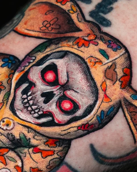 Detail of the skull face in the matryoshka tattoo. Artwork by William Martz.