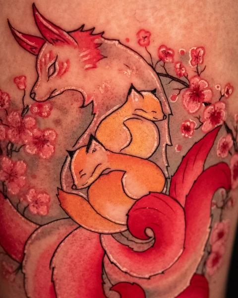 Alternate angle of the fox faces and flowing red tails. Artwork by William Martz.