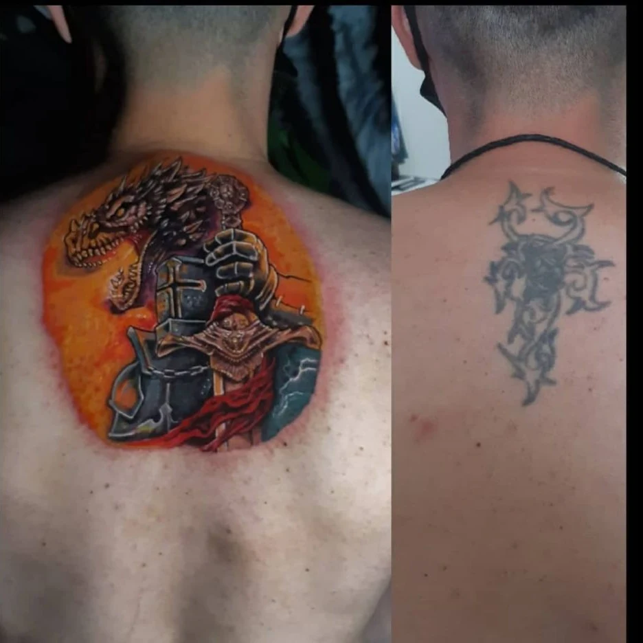 A colorful skull and headgear tattoo shown beside the earlier tattoo it covers.