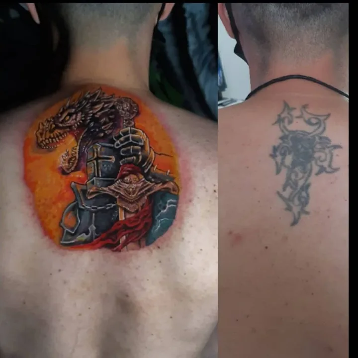A colorful skull and headgear tattoo shown beside the earlier tattoo it covers.