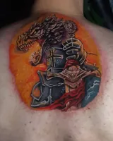 Wider back view of the colorful creature and armored figure in the cover-up tattoo. Artwork by William Martz.