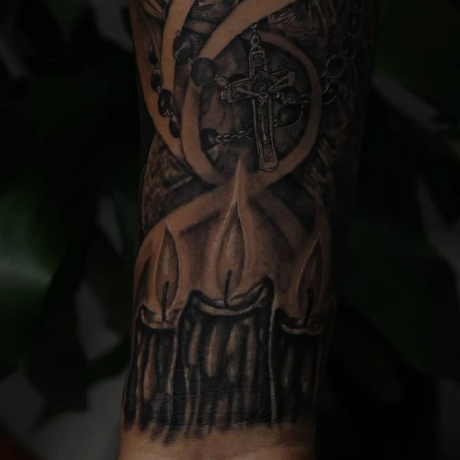 A black-and-gray skull composition with an antique-style clock above it.