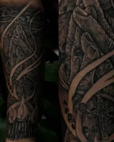 Two side views showing the hands, clock and flowing ribbons around the arm. Artwork by William Martz.