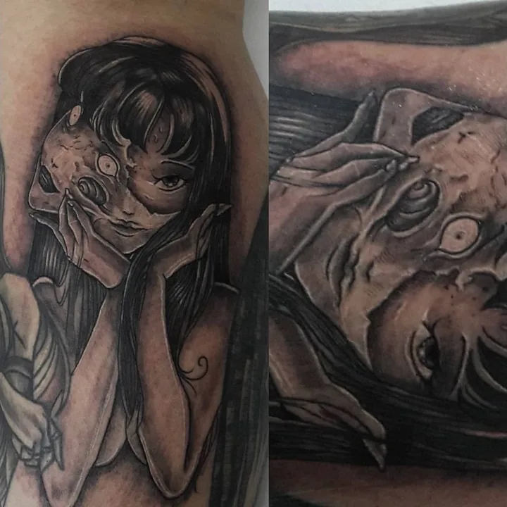 A black-and-gray dark-fantasy portrait with large eyes, clasped hands, and shadowed details.