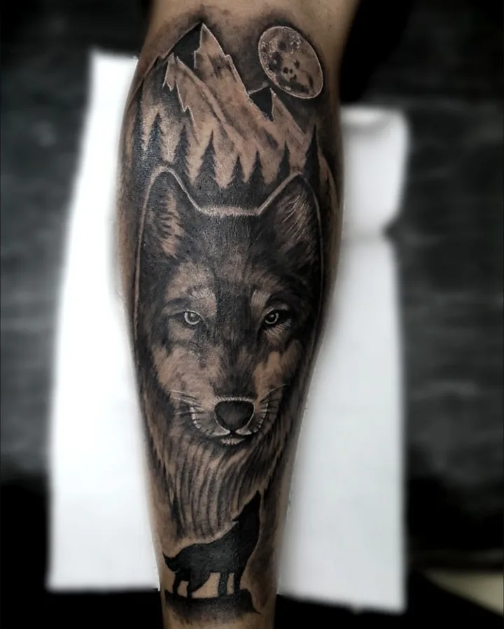 A black-and-gray wolf portrait combined with mountain peaks and forest shapes.
