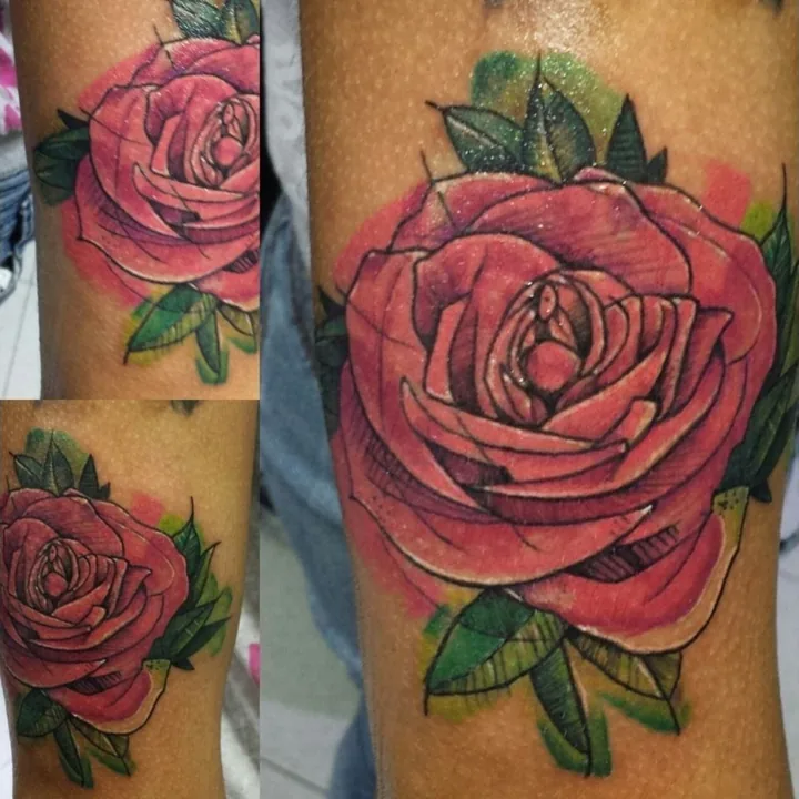 A red rose tattoo with layered petals and green leaves, shown in several views.