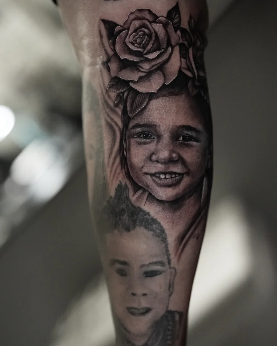 Two realistic human portraits arranged along an arm with a shaded rose between the surrounding details.