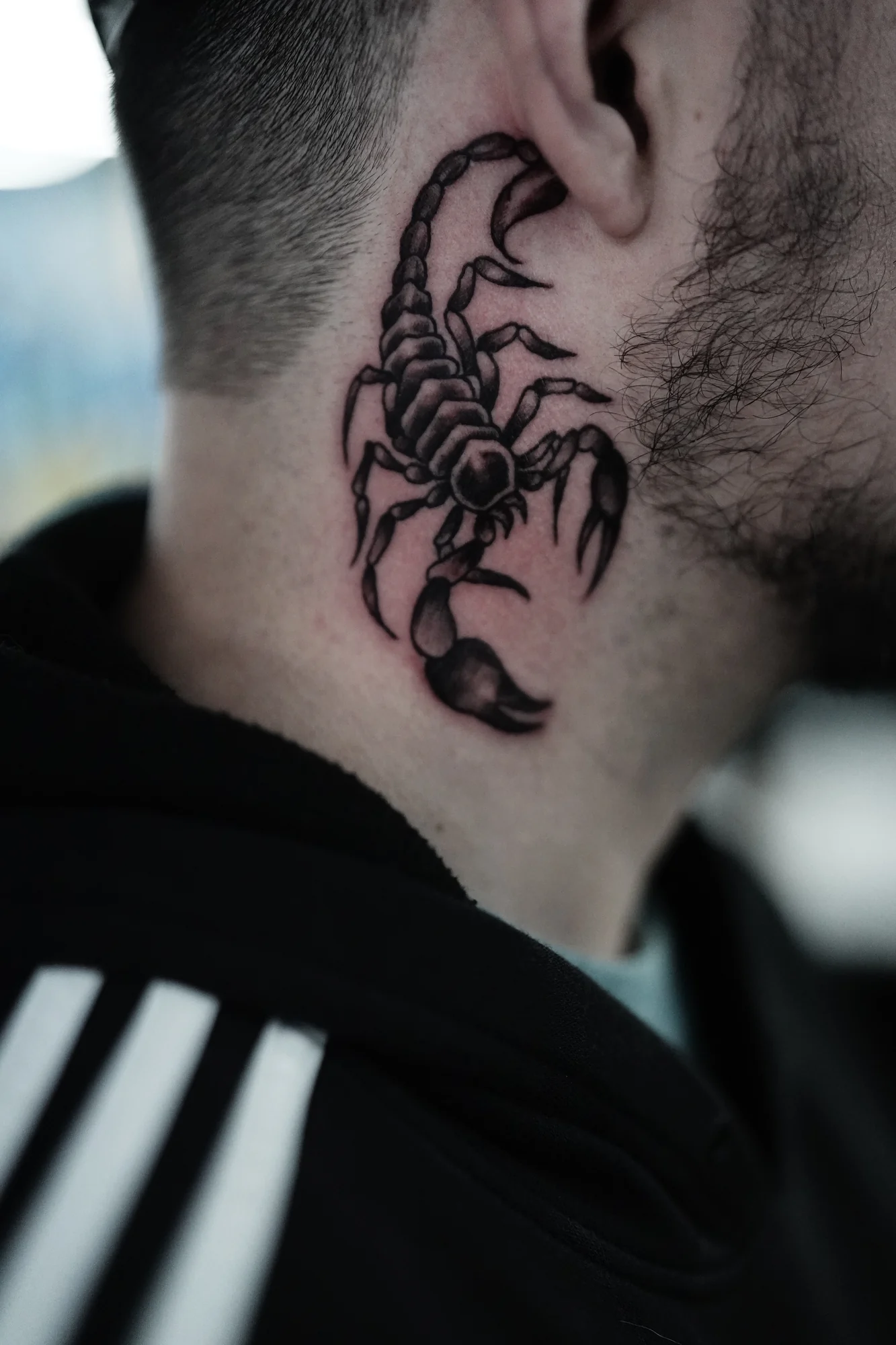 A small black scorpion tattoo behind the ear with its curved tail raised above its body.