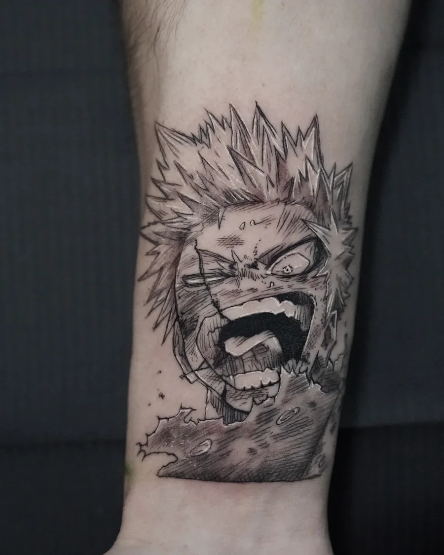 A black-and-gray anime portrait with spiked hair, a dark eye mask and an open mouth.
