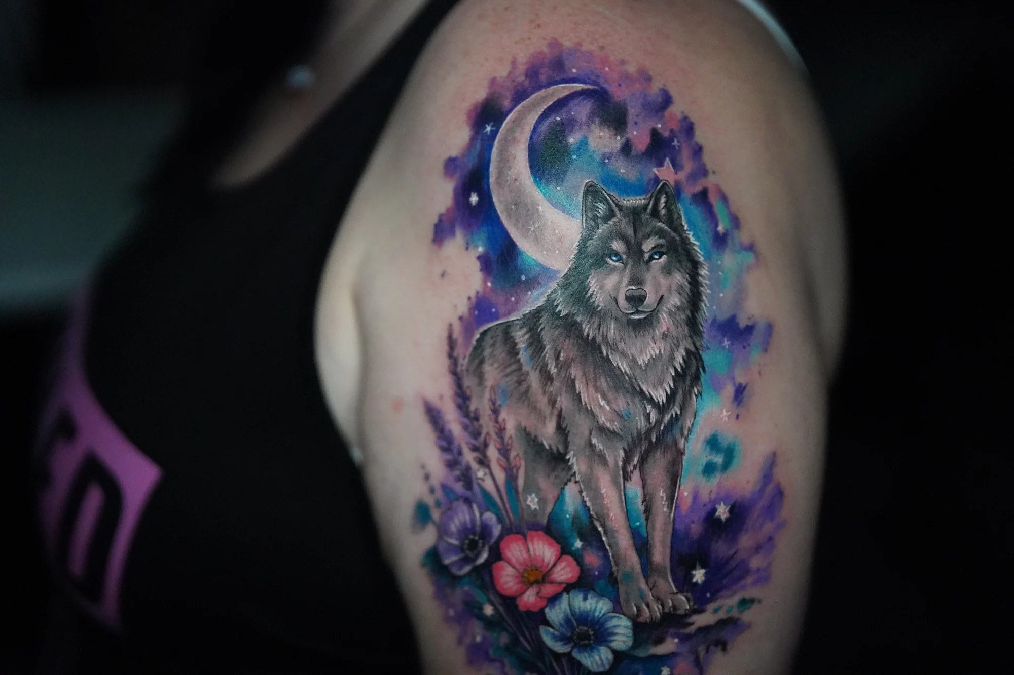 A wolf standing below a crescent moon, surrounded by purple and blue watercolor-like color and small flowers.