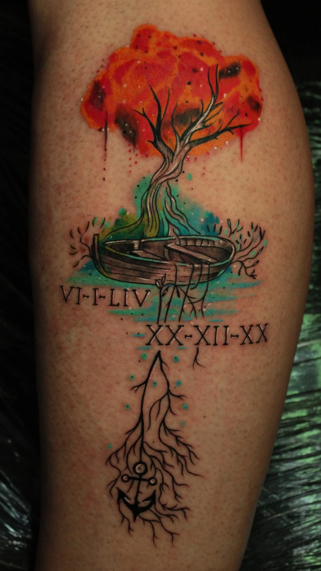 A tree with red and orange foliage, green roots, a circular platform and Roman numerals in a color tattoo.