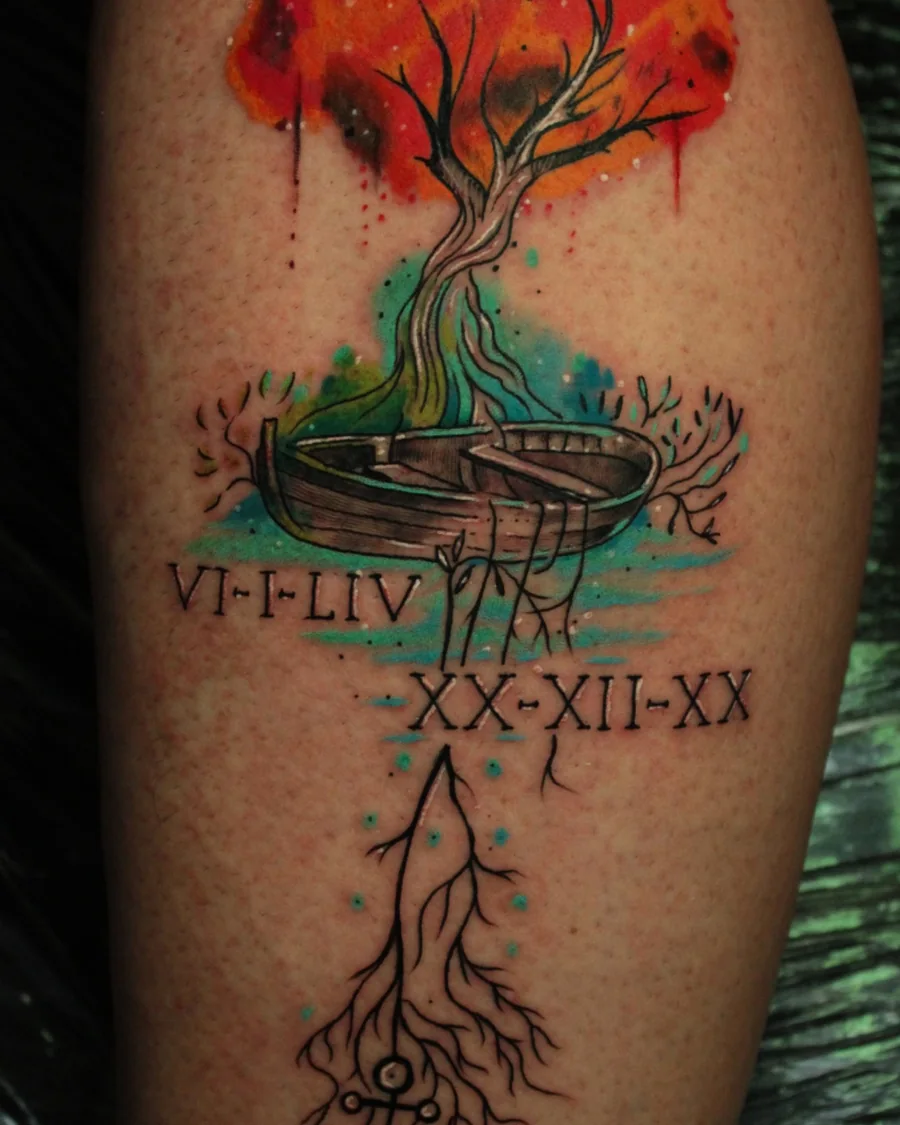 A tree with red and orange foliage, green roots, a circular platform and Roman numerals in a color tattoo.