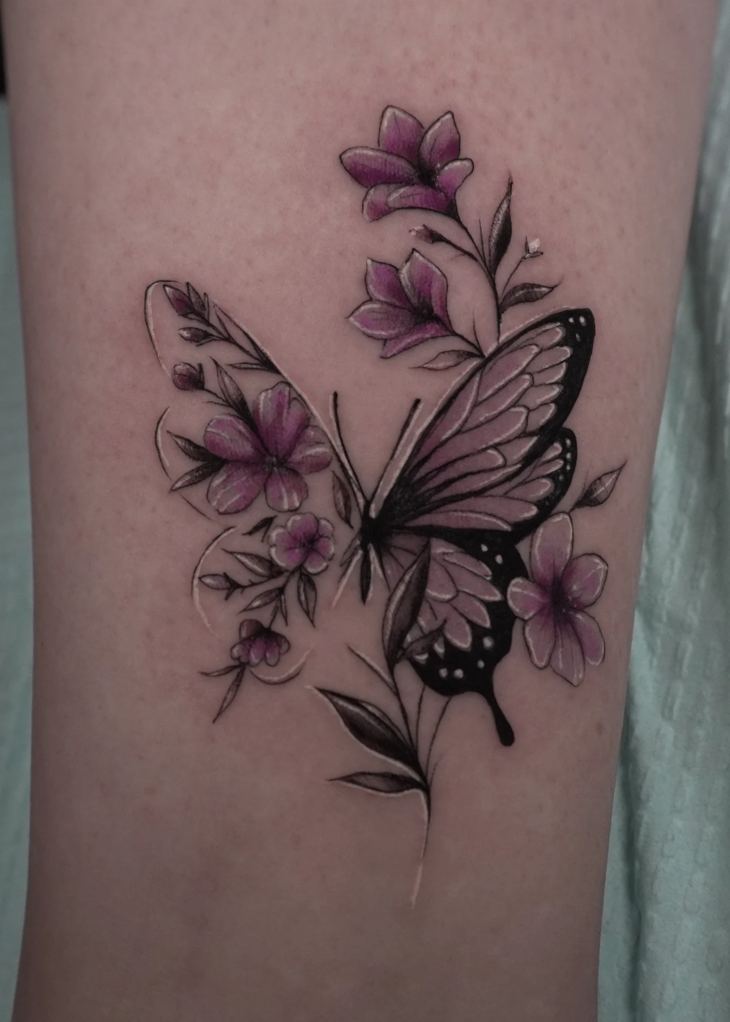 A pink and purple butterfly beside delicate purple flowers and fine black stems.
