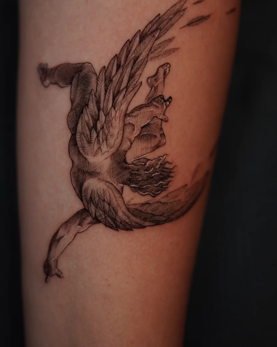 A winged horse in motion with extended feathered wings, rendered in black and gray.