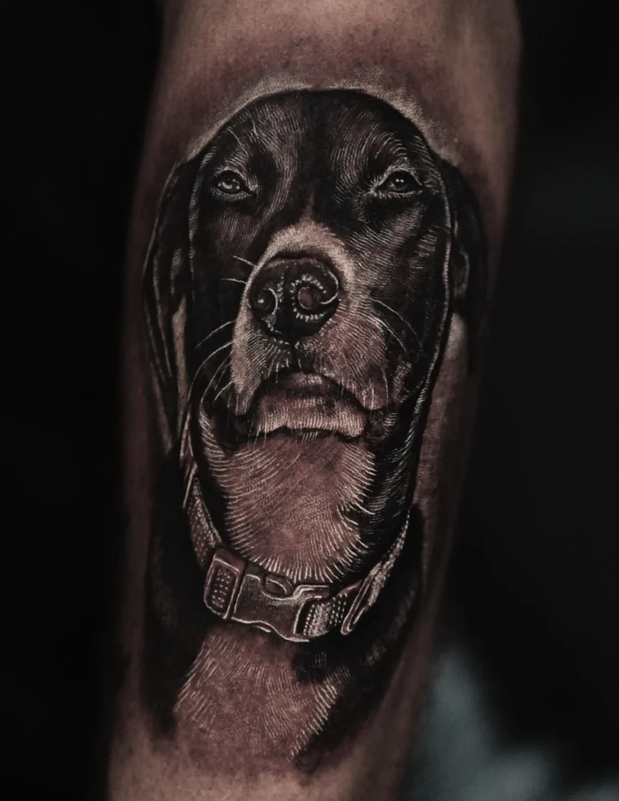 Tatuaje de William Martz: A familiar gaze — black & grey dog portrait