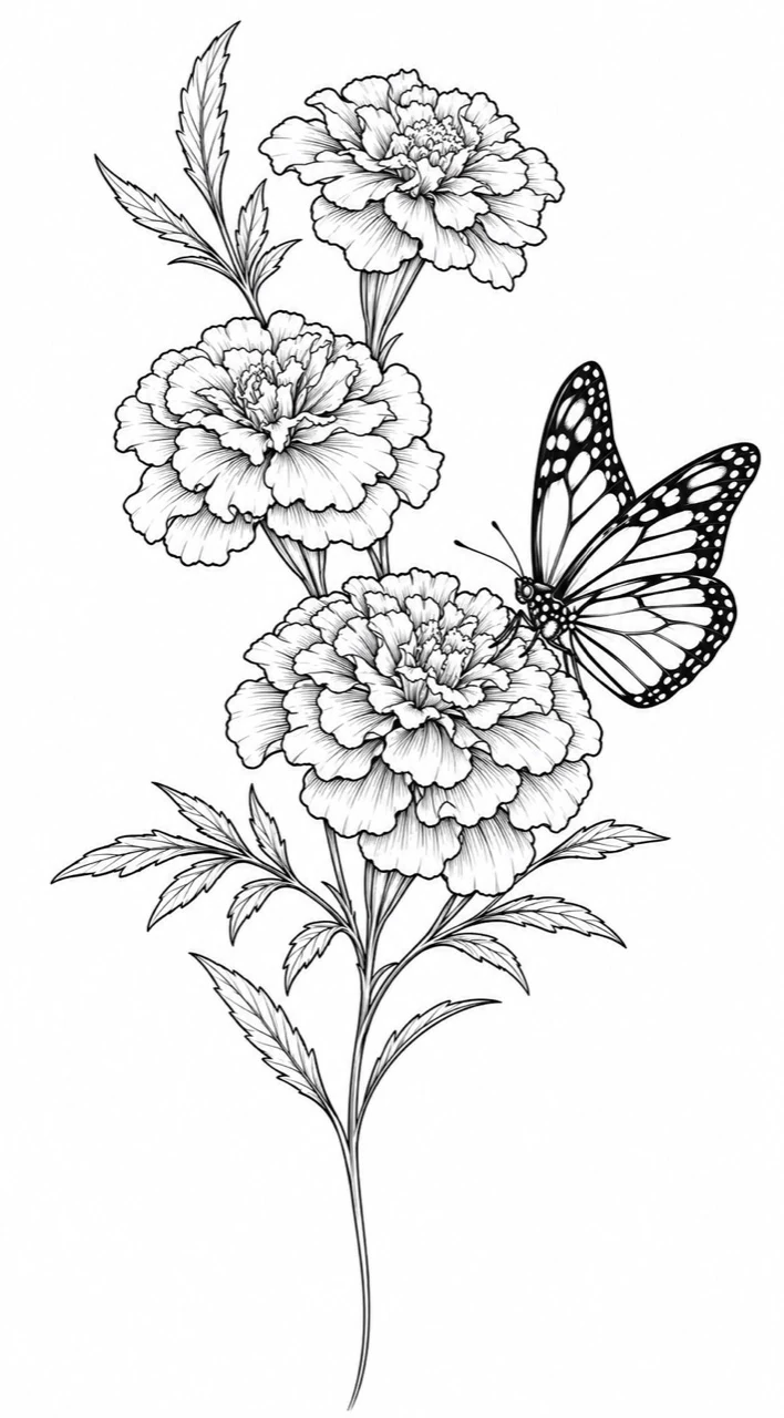Black linework design: three ruffled flowers on a long leafy stem, with a butterfly resting beside the lower bloom.