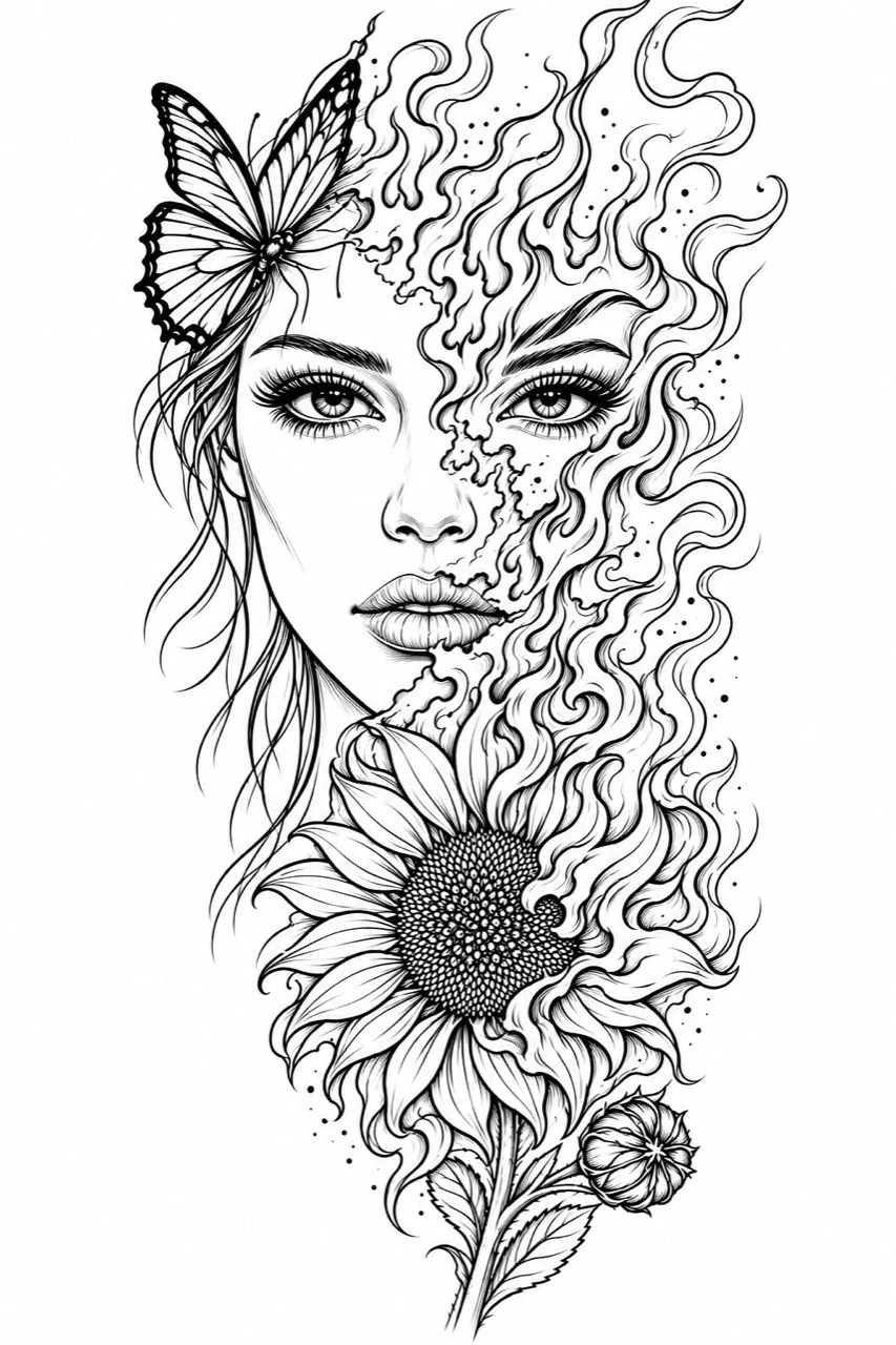 Black linework design: a woman's face with a butterfly above one eye, a sunflower below and curling lines dissolving the other side of the portrait.