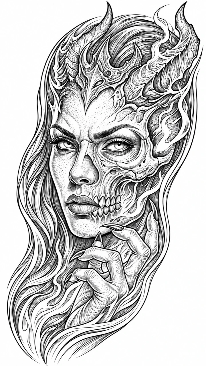 Black linework design: a long-haired woman with an ornate horned crown, one side of her face rendered as a skull and a hand raised beneath her chin.