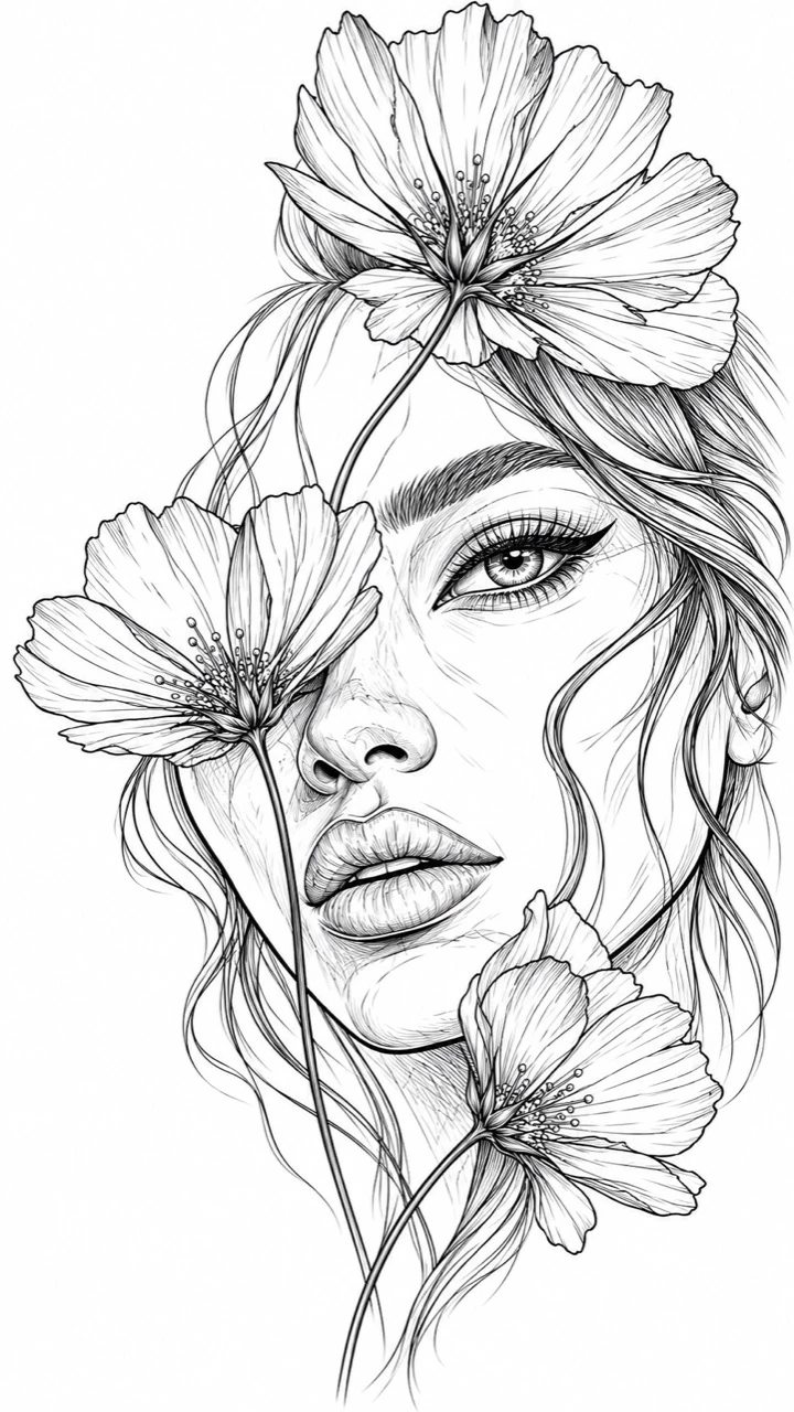 Black linework design: a woman's face framed by three open flowers on long stems, with one bloom crossing an eye.