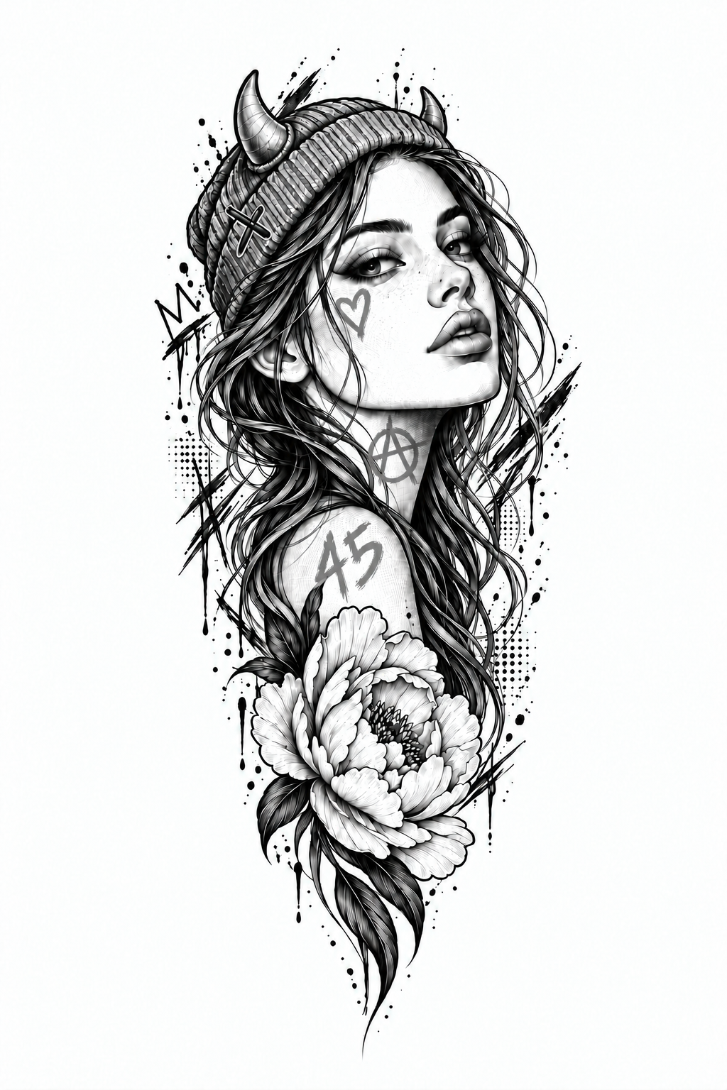 Black-and-grey design of a woman in a horned beanie with a cheek heart, circled A on her neck, 45 on her shoulder and a peony below.