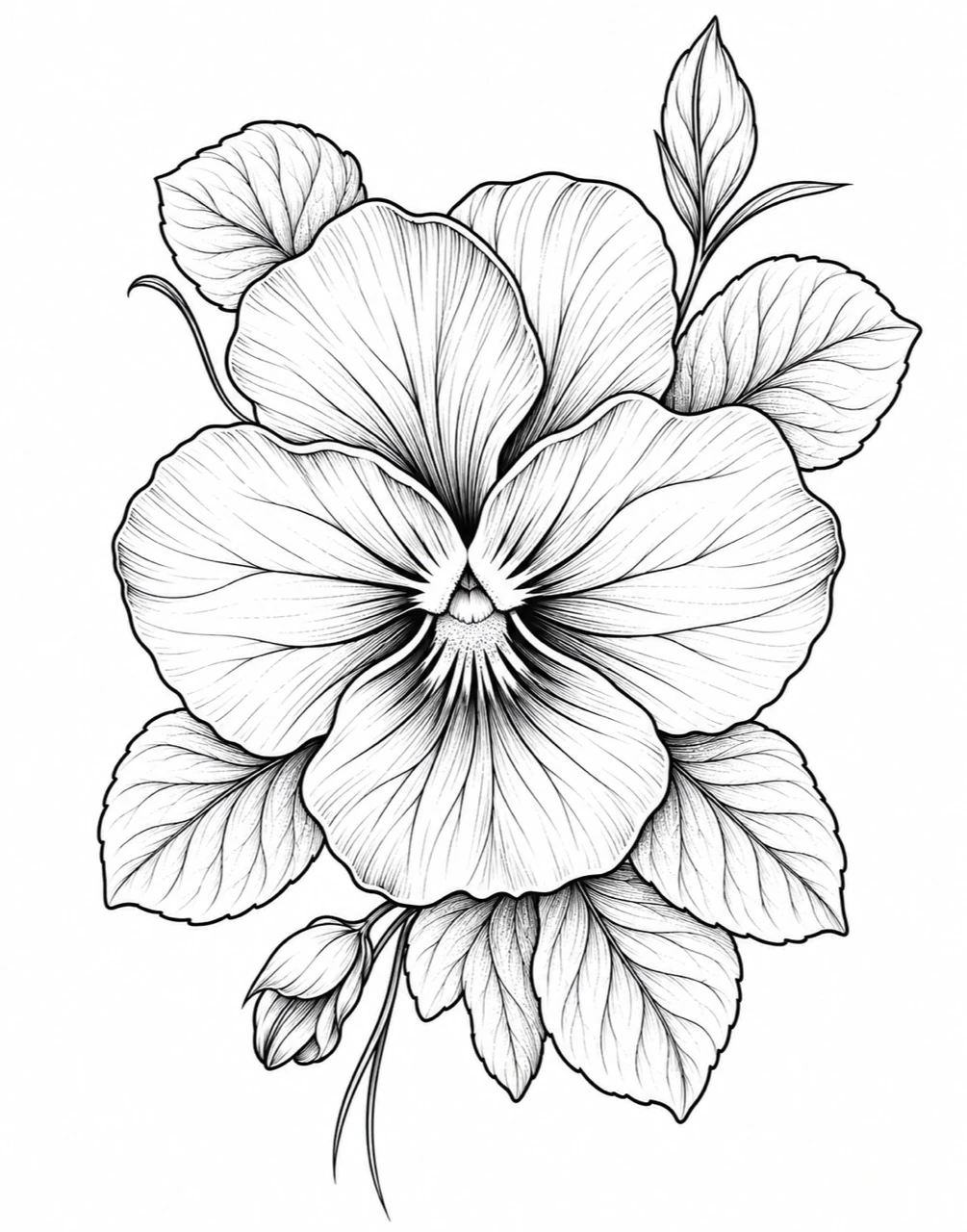 Black linework design: a large open flower with broad petals, layered leaves and a small unopened bud.