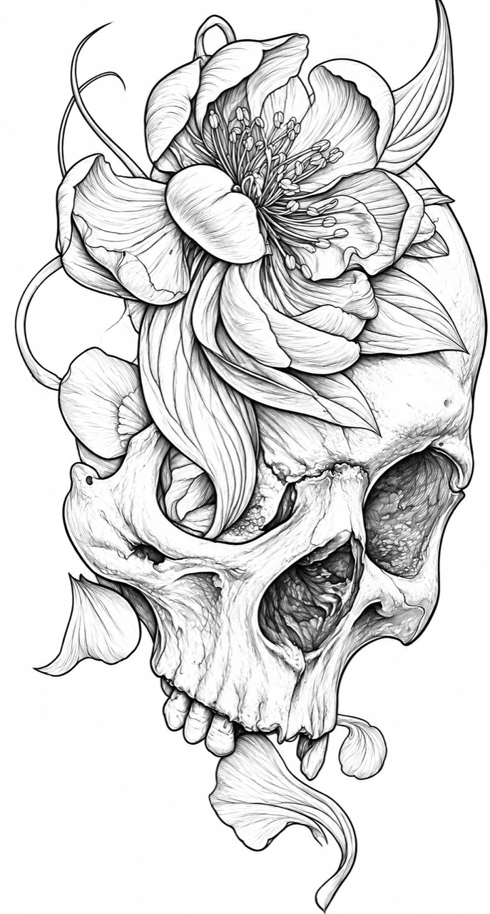 Black linework design: a skull beneath a large layered flower, with curling petals and leaves following its outline.