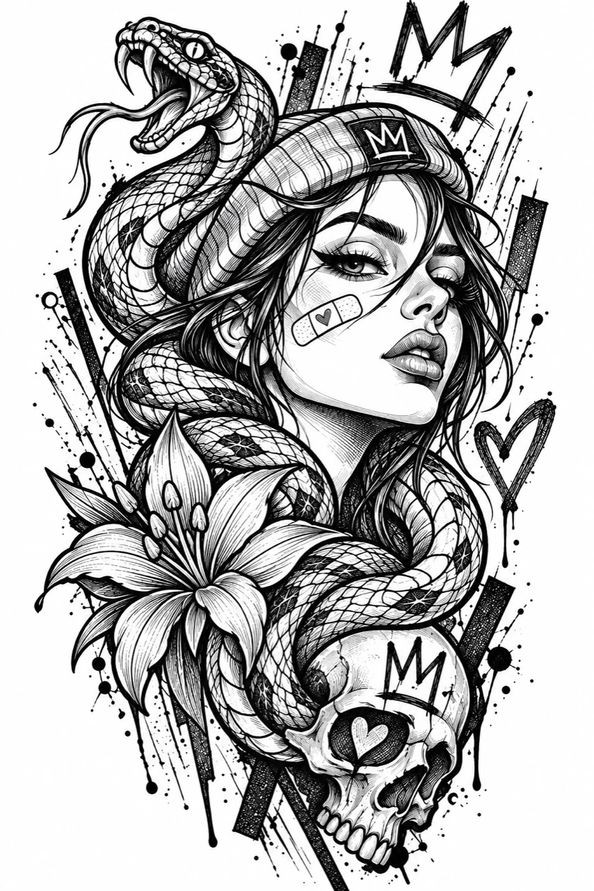 Black linework design: a woman in a beanie framed by a coiling snake, a large flower, a skull and scattered graphic marks.